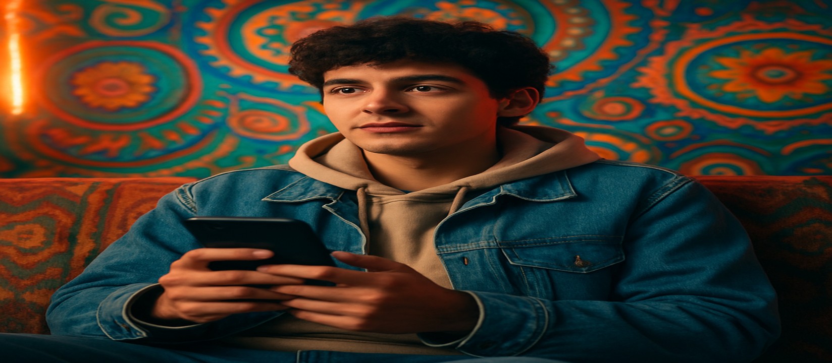 ডেনিম জ্যাকেট পরা একজন ব্যক্তি সোফায় বসে হাতে একটি ফোন নিয়ে mcw login অ্যাপে গেম খেলছেন।