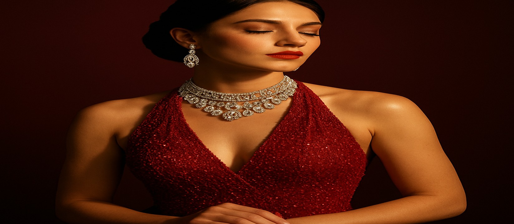 গেমিং প্ল্যাটফর্ম mcw login-এর টেবিলে একটি সুন্দর লাল পোশাক পরা নারী হোস্ট উপস্থিত রয়েছে