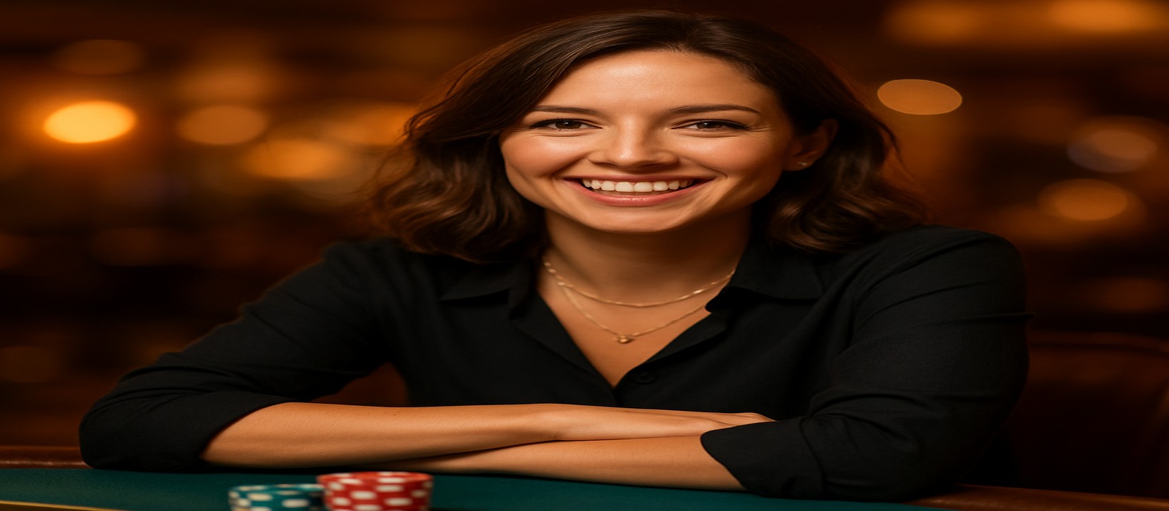 mcw login গেমিং প্ল্যাটফর্মে খেলার টেবিলে হাসিখুশি একজন নারী ডিলার তার সামনে চিপ ও খেলার সামগ্রীসহ বিস্তৃত গেমের একটি বৈচিত্র্যময় নির্বাচন প্রস্তাব করেন।