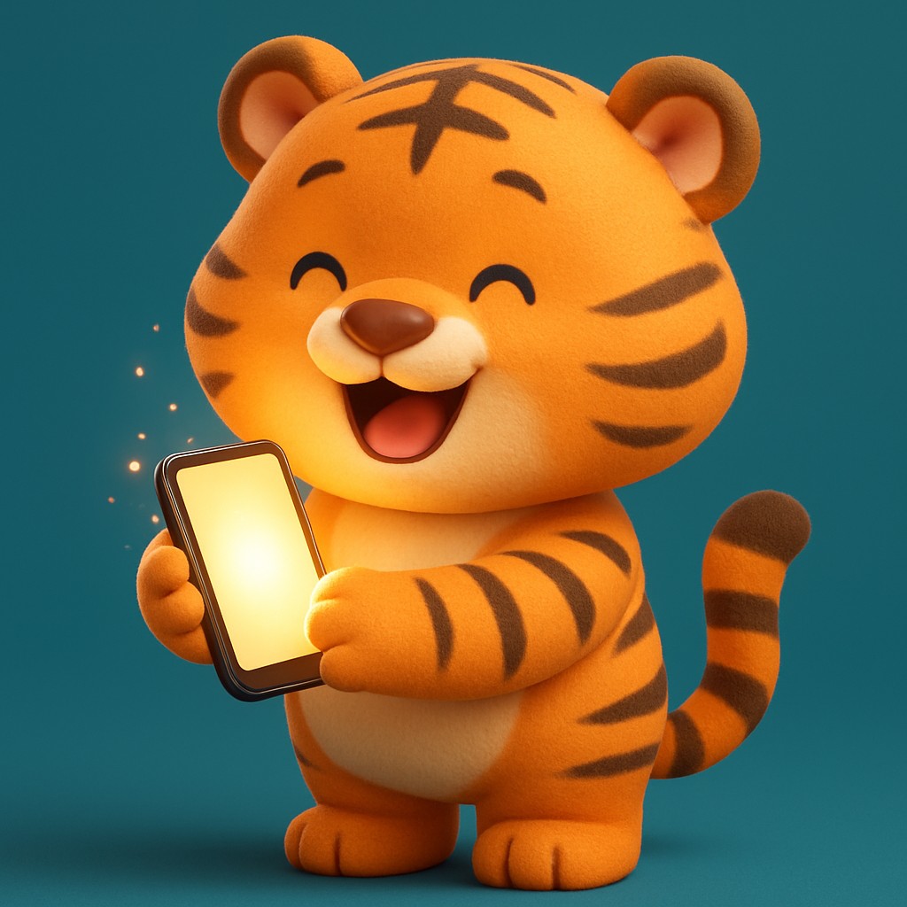 একটি কার্টুন বাঘশাবক তার নখে একটি স্মার্টফোন ধরে রয়েছে, সাথে রয়েছে দ্রুত ও নির্ভরযোগ্য mcw login অ্যাপ।