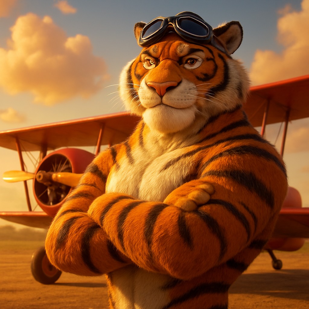 একজন বাঘ-চালিত পাইলট লাল বর্ণের পুরোনো বিমানের পাশে দাঁড়িয়ে আছে, যা অ্যাভিয়েটর গেমকে প্রতিনিধিত্ব করছে — mcw login