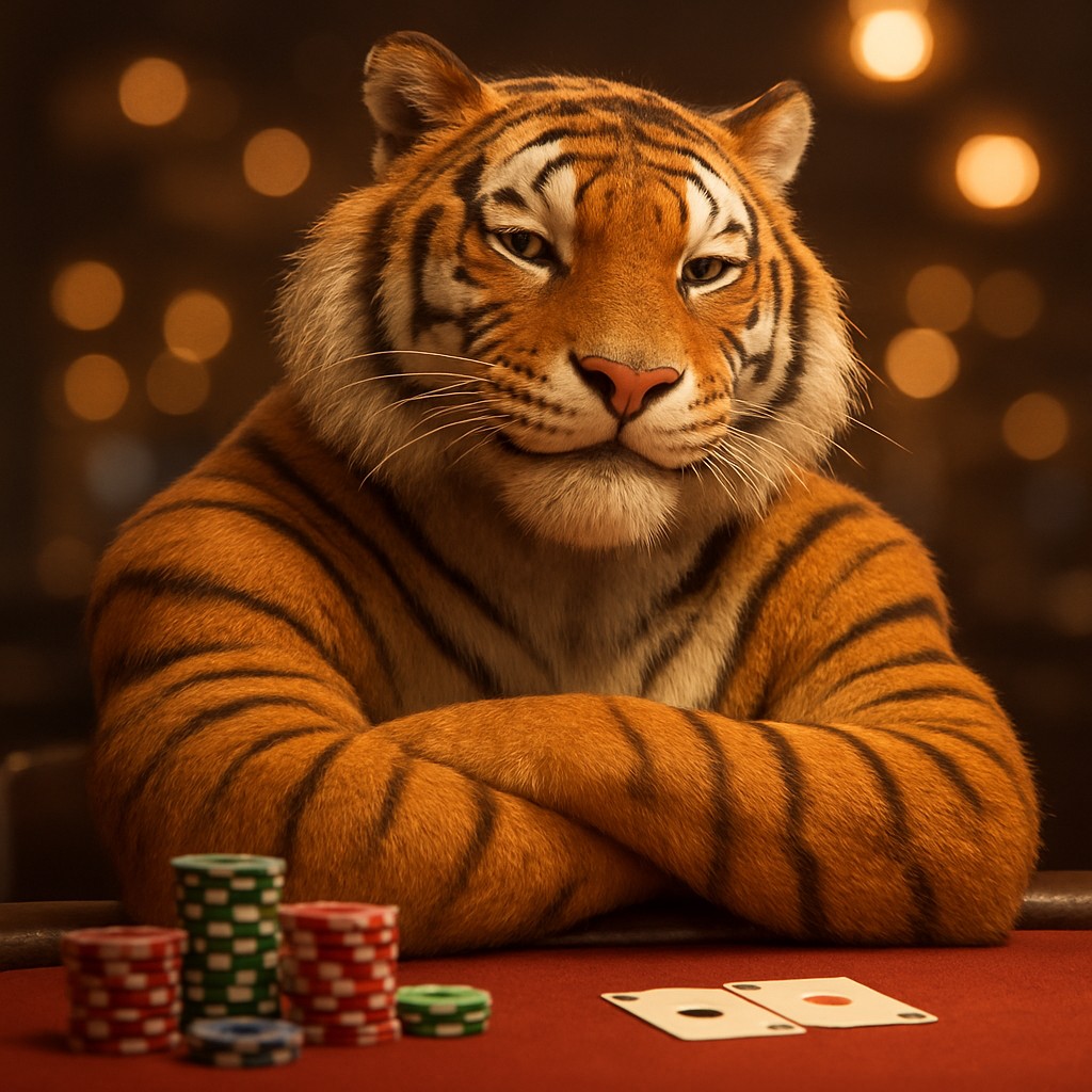 mcw login গেমিং প্ল্যাটফর্মে একটি হাসিখুশি বাঘের বাচ্চা একটি খেলার টেবিলে বসে আছে