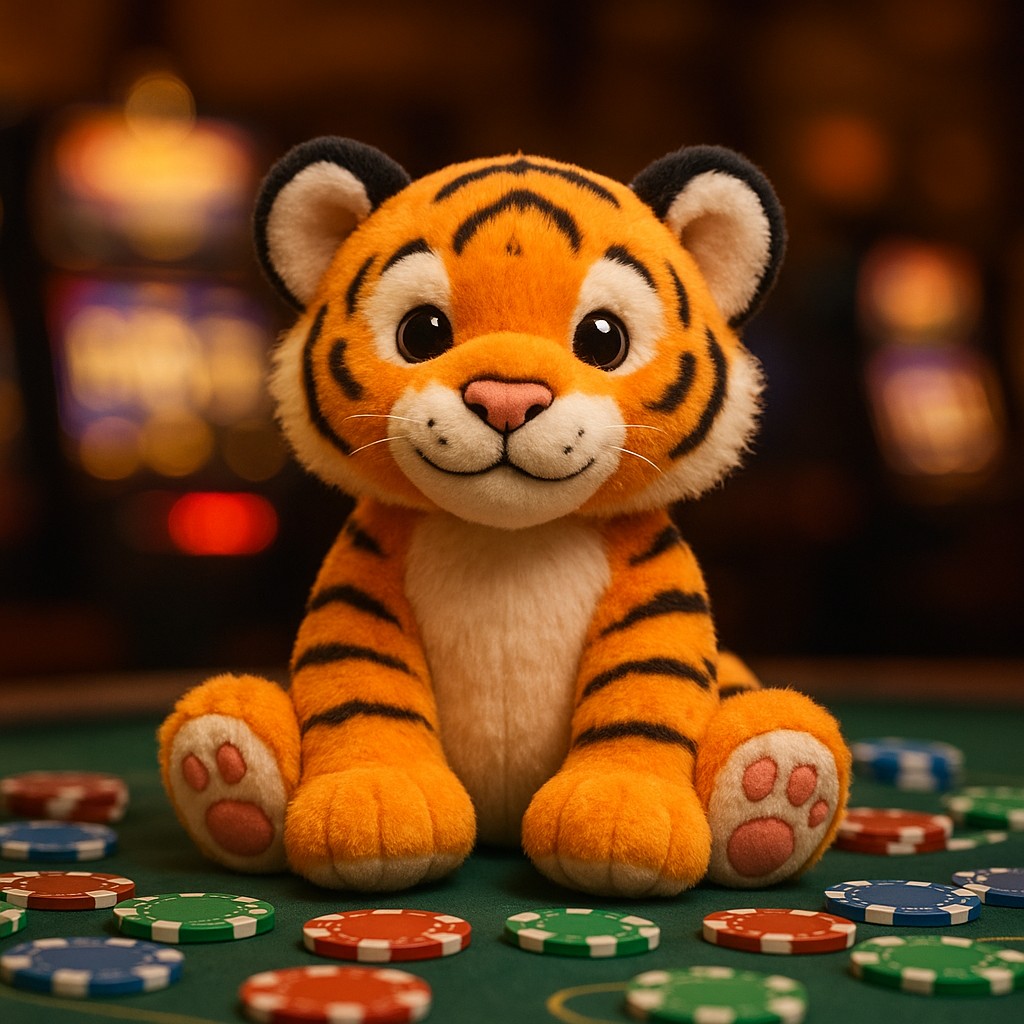 mcw login প্ল্যাটফর্মের টেবিলের ওপর একটি ছোট বাঘের শাবক গেমিং চিপগুলোর সঙ্গে বসে আছে।