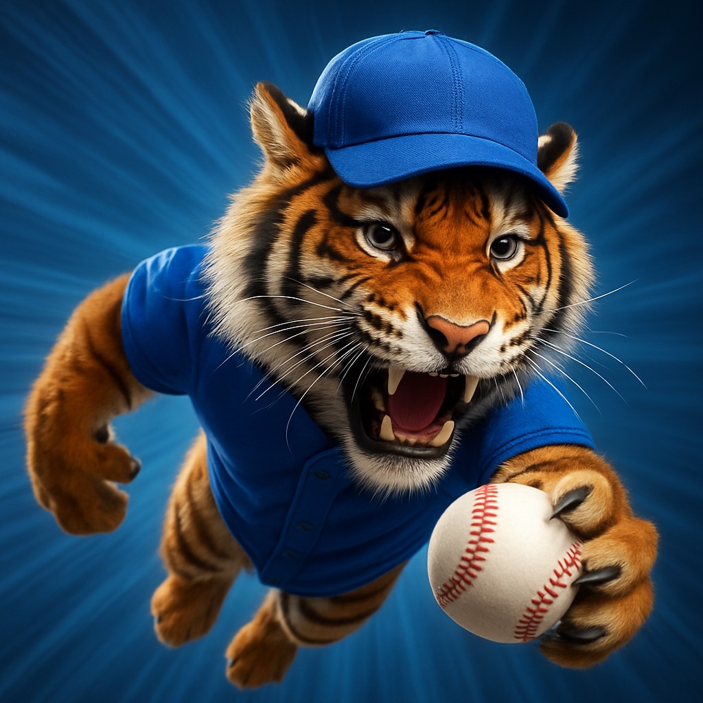 mcw login-এ ইউনিফরম পরা এক হাসিখুশি বাঘছাগল থাবায় একটি বল ধরে ক্রিকেট-গেমিংকে প্রতিনিধিত্ব করে।