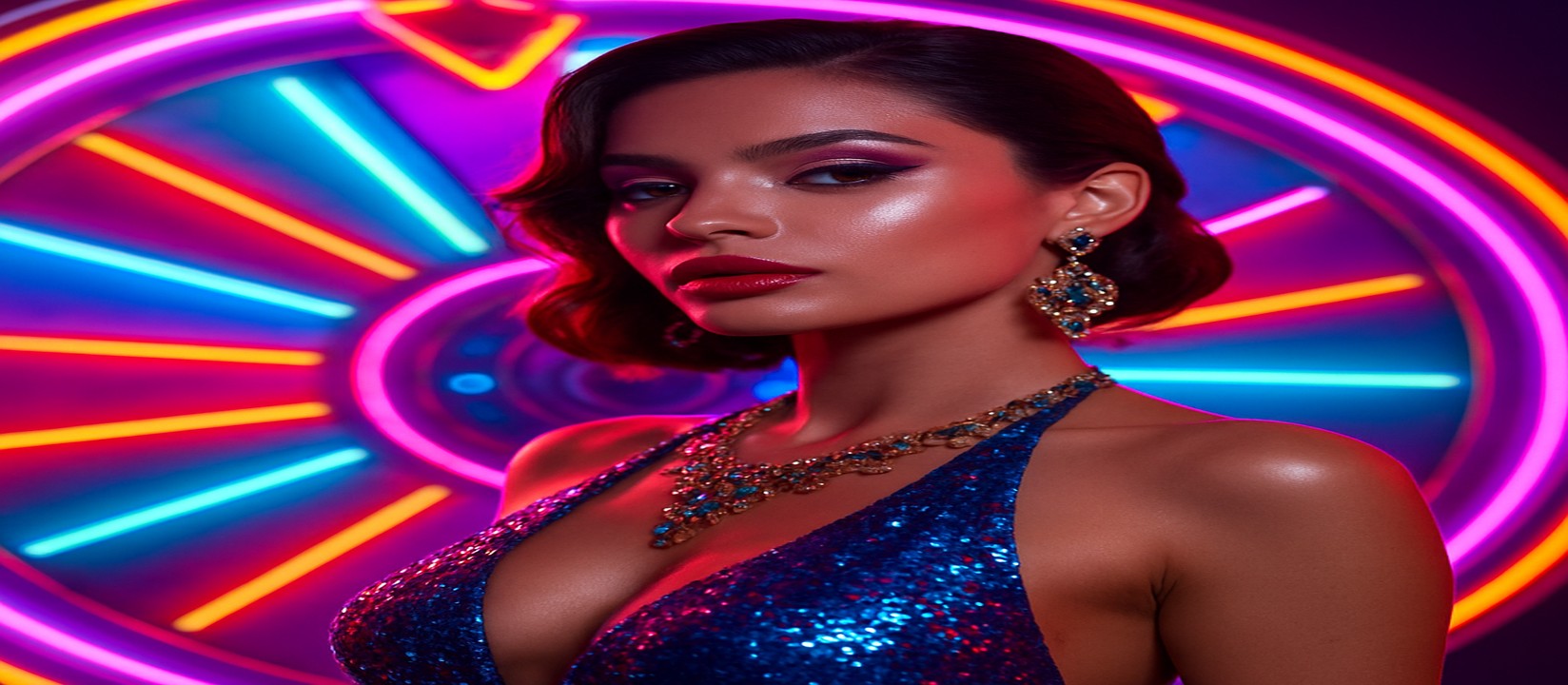 mcw login গেমিং প্ল্যাটফর্মের উজ্জ্বল রঙের চকের সামনে সিকুইন-আলংকার পোশাক পরিহিত একজন নারী পোজ দিচ্ছেন