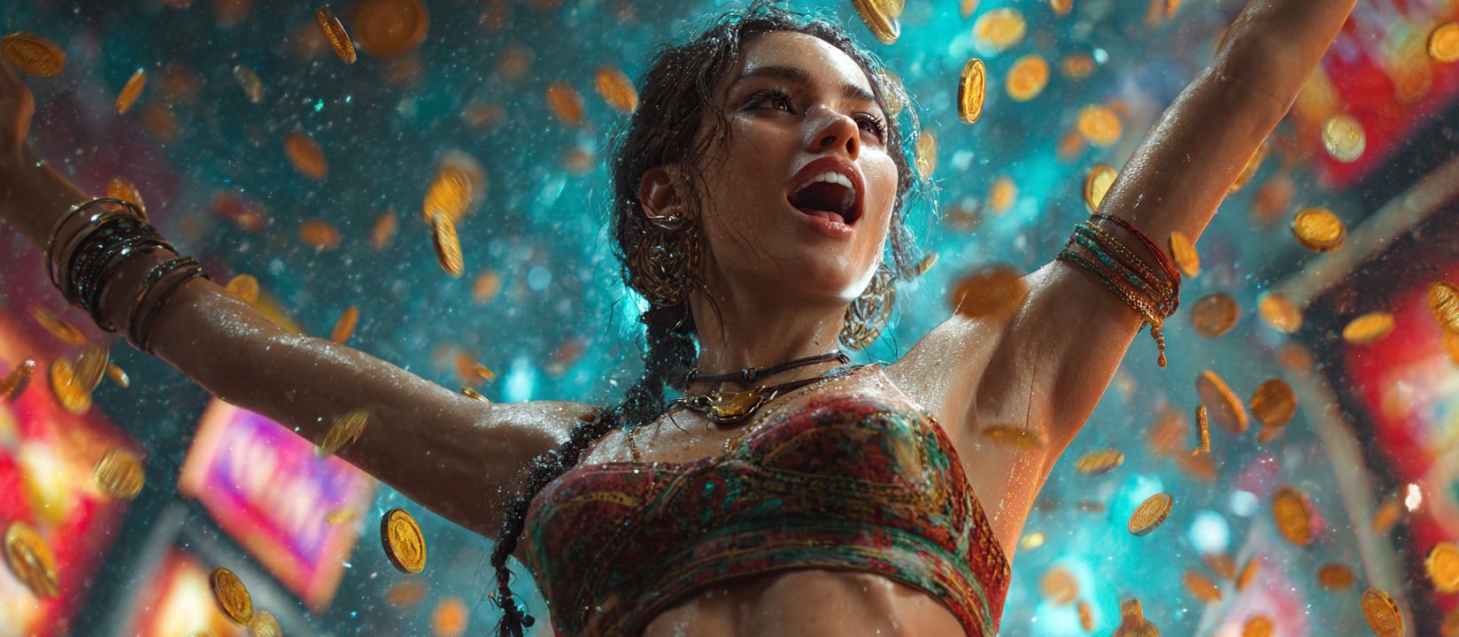 mcw login গেমিং প্ল্যাটফর্মে কয়েন বর্ষণের মাঝে একটি রঙিন টপ পরিহিত একজন নারী উপস্থিত